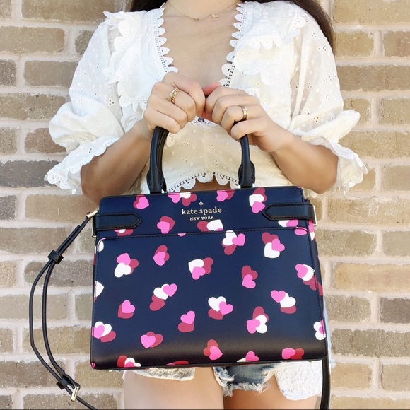 Kate Spade Staci Medium Top Zip Satchel Crossbody Flutter Hearts Black - Picture 6 of 7